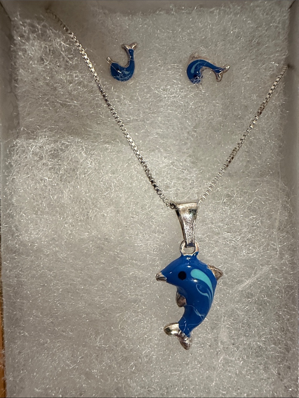 sterling silver Bkue Dolphin Pendant Necklace and Stud Earrings - Women Jewelry